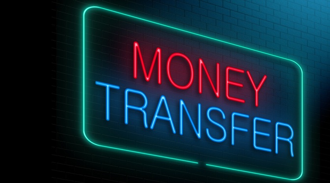 Illustration depicting an illuminated neon sign with a money transfer concept.